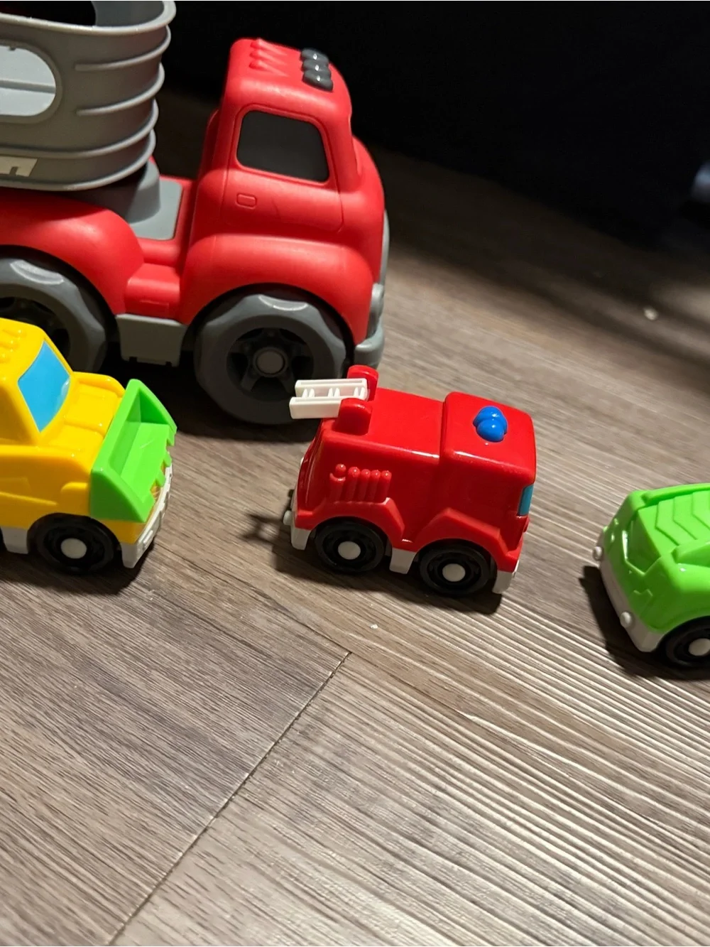 Kids Red and Gray Haul Truck Playset with 6 Mini Vehicles (cop, firetruck, etc)